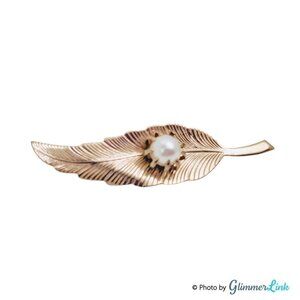 Vintage 1970s Gold Tone Leaf Brooch with White Faux Pearl Costume Jewelry Pin